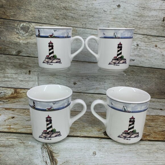 Totally Today COASTAL LIGHTHOUSE Center & Rim Stoneware 8 oz Cups Mugs Set of 4 - Picture 3 of 8